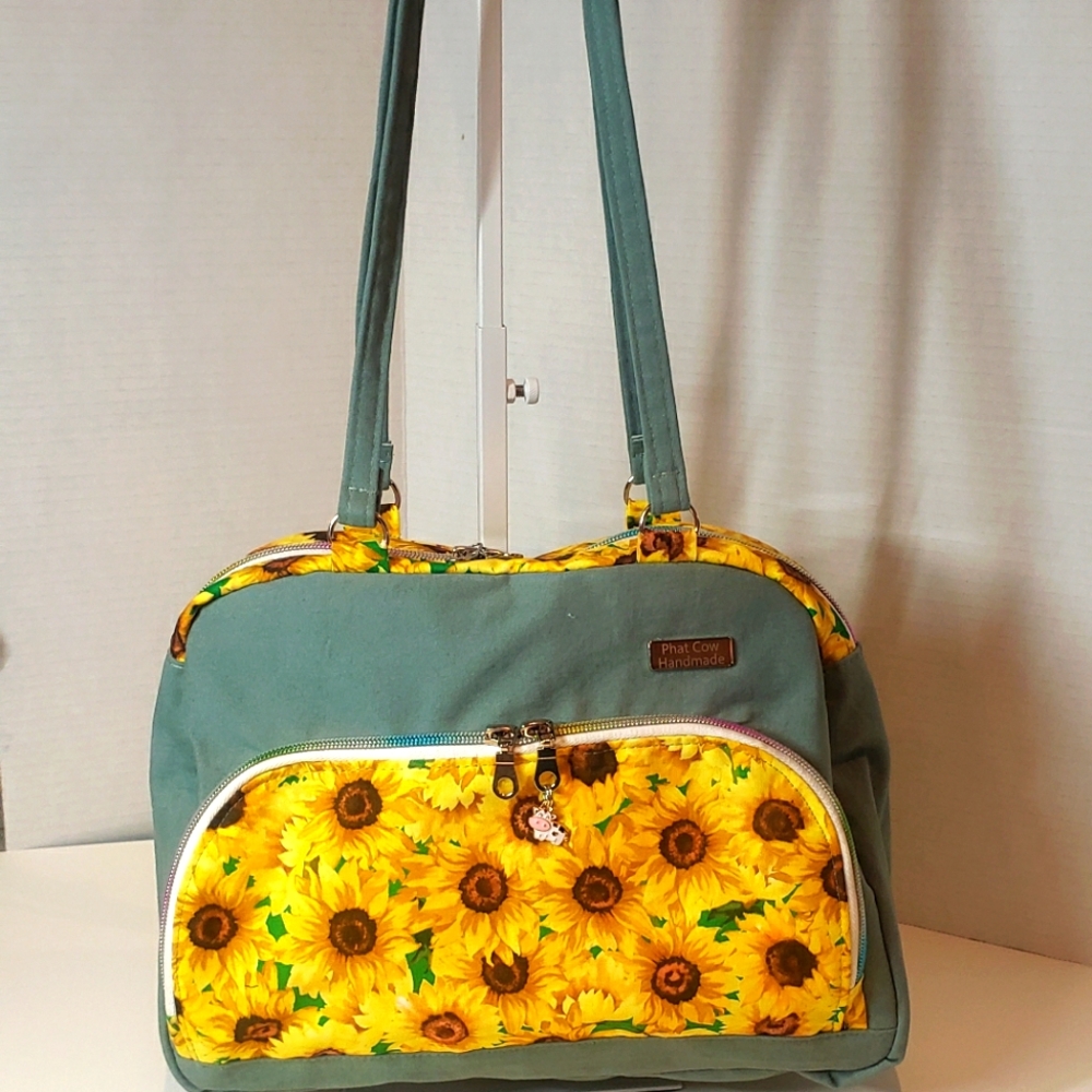 Handmade Cotton Sunflower Print And Green Brushed Denim From Recaimed Jeans Bag.